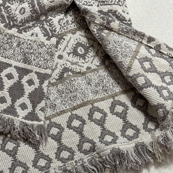 World Market Women's‎ Boho Rug Jacket L/XL Gray Cream Aztec Fringe Trim - Picture 9 of 13